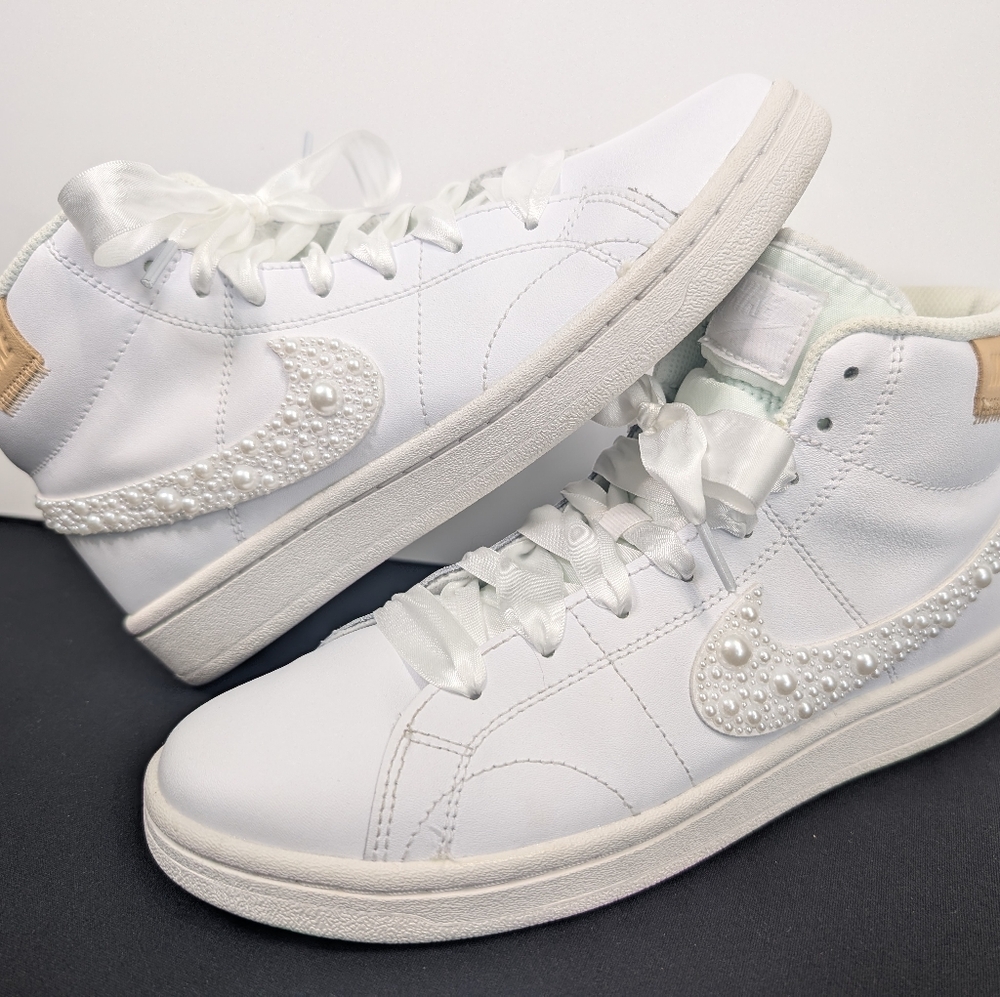 Handmade Pearl Nike Court Royal 2 Mid Sneakers - Custom Artisan Shoes - Picture 2 of 11